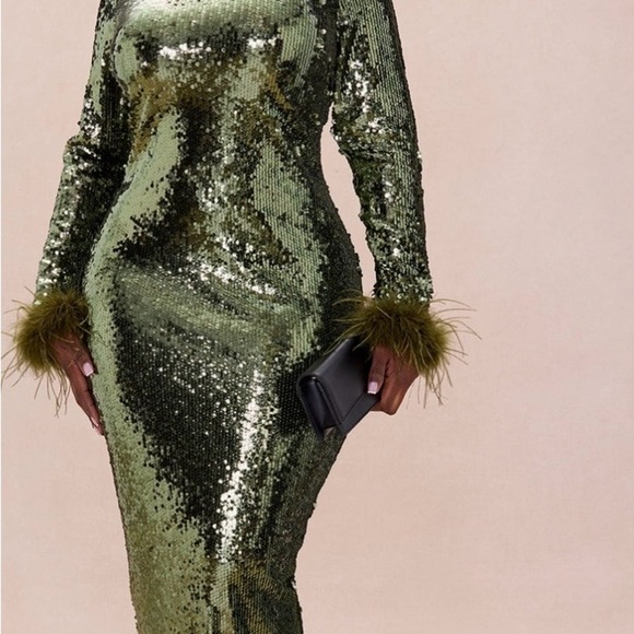 Fashion Nova Dresses & Skirts - Fashion Nova feathered sequins maxi dress -Olive
